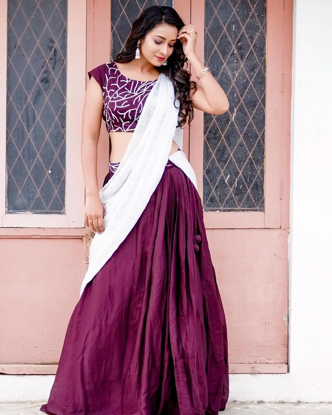 Maa TV Actress Bhanu Sri Wearing Maroon Lehenga Choli White Voni